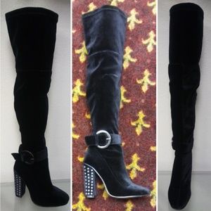 New Over The Knee Black Velvet Stud Heel Boots👢